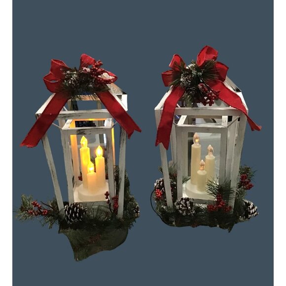 SET OF 2 - WHITE RUSTIC CHRISTMAS LANTERN CENTERPIECE BATTERY OPERATED - Picture 1 of 8